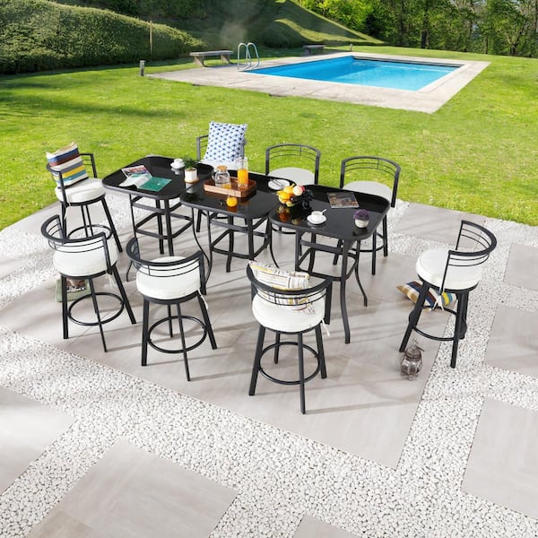 Patio Festival 11-Piece Metal Bar Height Outdoor Dining Set with Beige Cushions