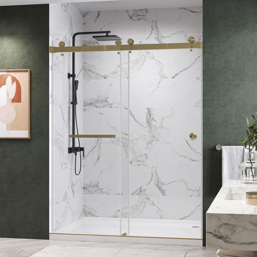 "CatalystFP 60 in. W x 79 in. H Double Sliding Frameless Shower Door in Brushed Bronzw with 3/8"" Clear Glass" price history on PriceWatchPro