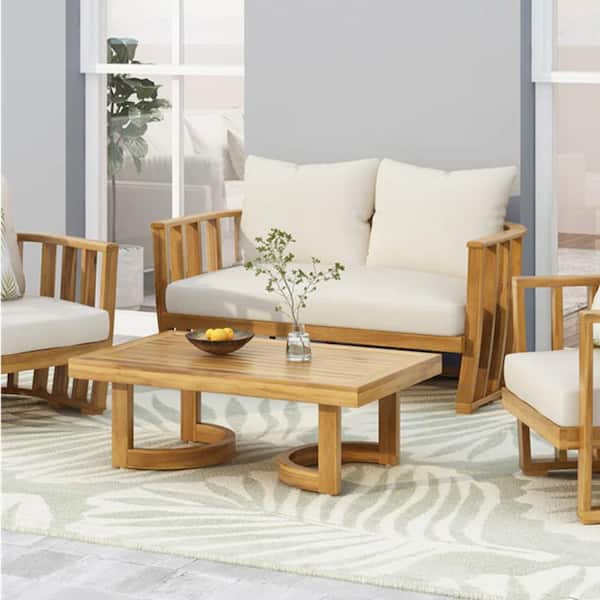 2-Piece Wood Patio Furniture Set with Beige Cushions