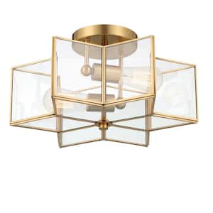 16.3 in. 2-Light Gold-103 Modern Semi-Flush Mount With Clear Glass Shade and No Bulbs Included