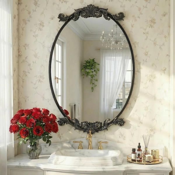 Black 24 in. W x 36 in. H Oval Ornate Aluminium Alloy Framed Decorative Wall Accent Mirror