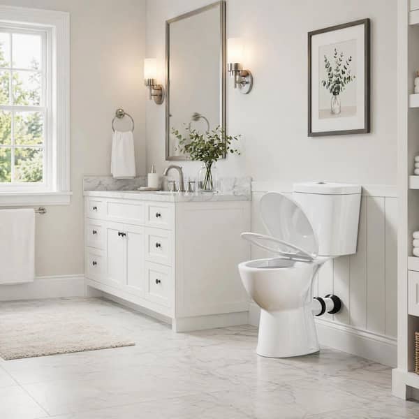 Rear Outlet Toilet 19 in. 2-Piece 1.0/1.6 GPF Dual Flush Round High Toilet in White, with Soft Close Cover
