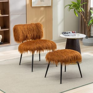 Caramel Faux Fur Accent Side Chair With Ottoman Upholstered Armless Mid Century Modern Chair for Living Room, Bedroom