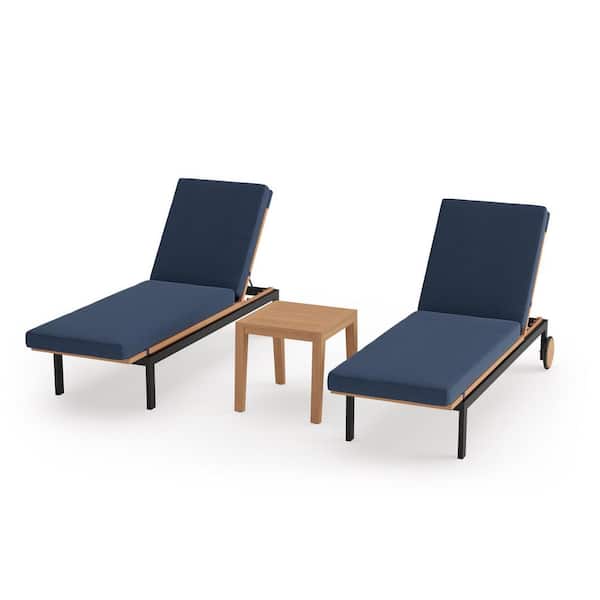NewAge Products Rhodes 3 Piece Teak Outdoor Lounge Chair and Side Table in Spectrum Indigo Cushions