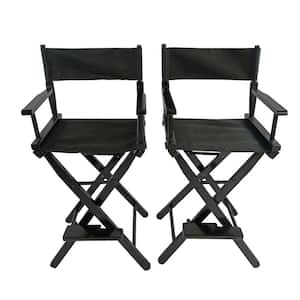 2-Pieces Black Wooden Black Canvas Director Chair Folding Lawn Chair