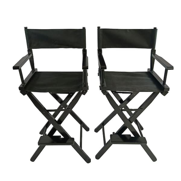 Angel Sar 2-Pieces Black Wooden Black Canvas Director Chair Folding Lawn Chair