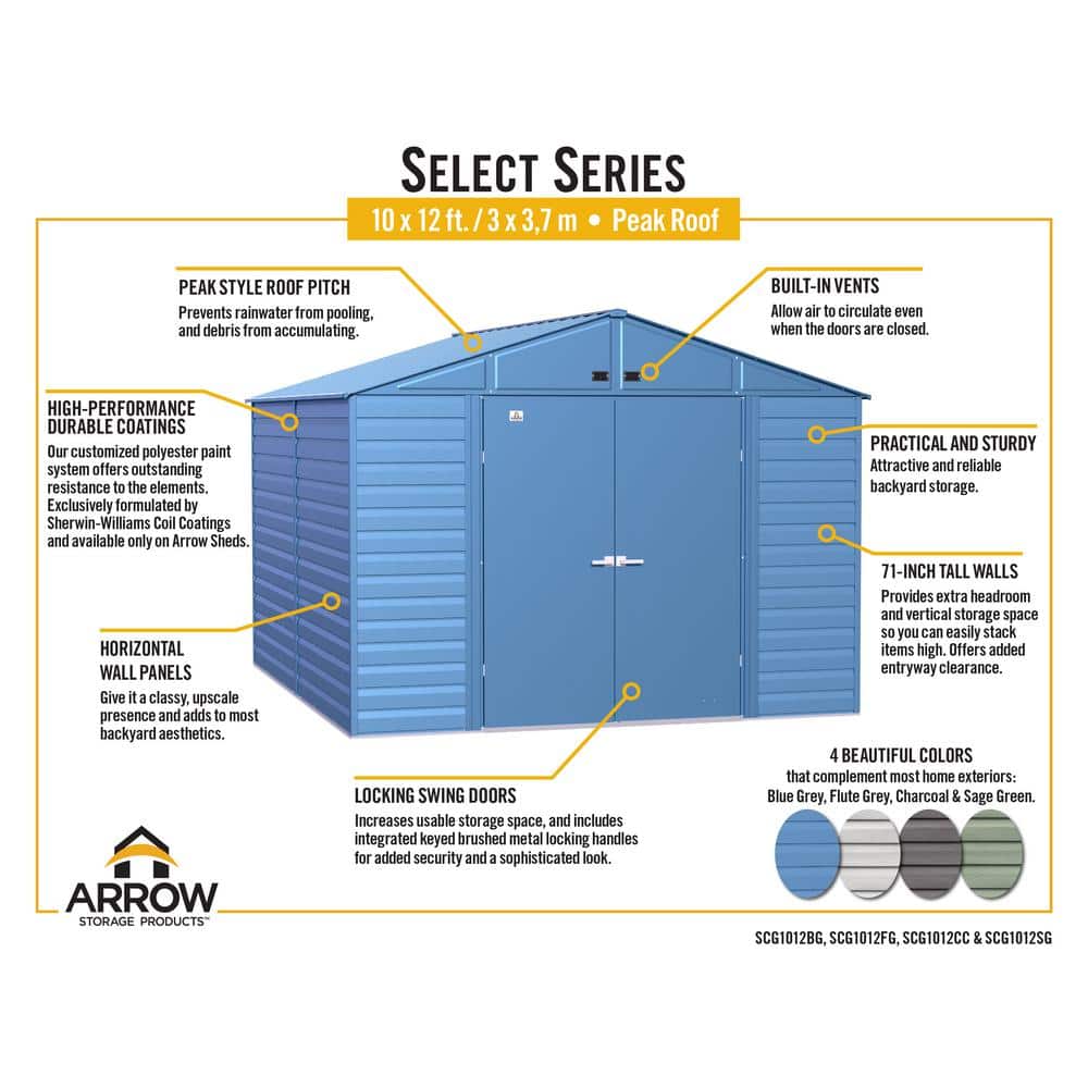 Flute Grey 10' x 12' Galvanized Steel Peak Roof Storage Shed