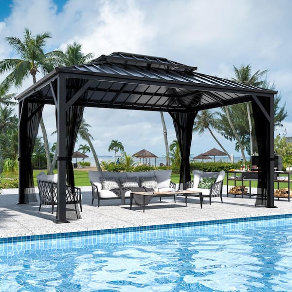 12 ft. W x 10 ft. D Metal Double Hardtop Gazebo with Pre-Painted Galvanized Steel Roof and Textilene Netting