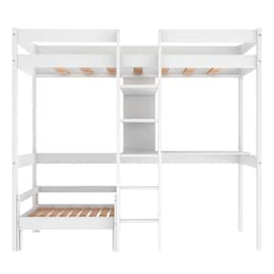 White Convertible Loft Bed with L-Shape Desk Twin Bunk Bed with Shelves and Ladder