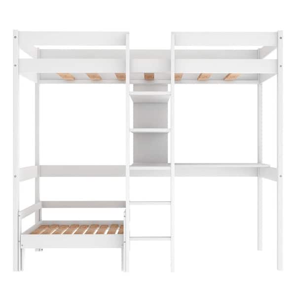 wetiny White Convertible Loft Bed with L-Shape Desk Twin Bunk Bed with Shelves and Ladder