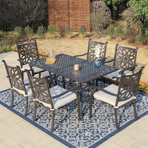 Brown 7-Piece Cast Aluminum Patio Outdoor Dining Set with Rectangle Table and Dining Chairs with Beige Cushion