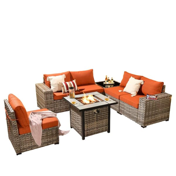 Baldwin Gray 7-Piece Wicker Wide Arm Outdoor Patio Sofa Sectional Set with Square Fire Pit and Orange Red Cushions