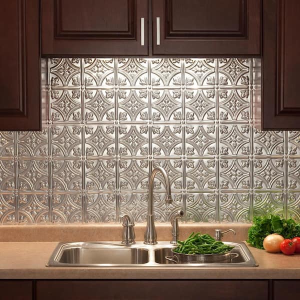 Fasade Traditional Style Pattern 1 Decorative Vinyl 18in X 24in Backsplash Panel In Brushed Aluminum 5 Pack