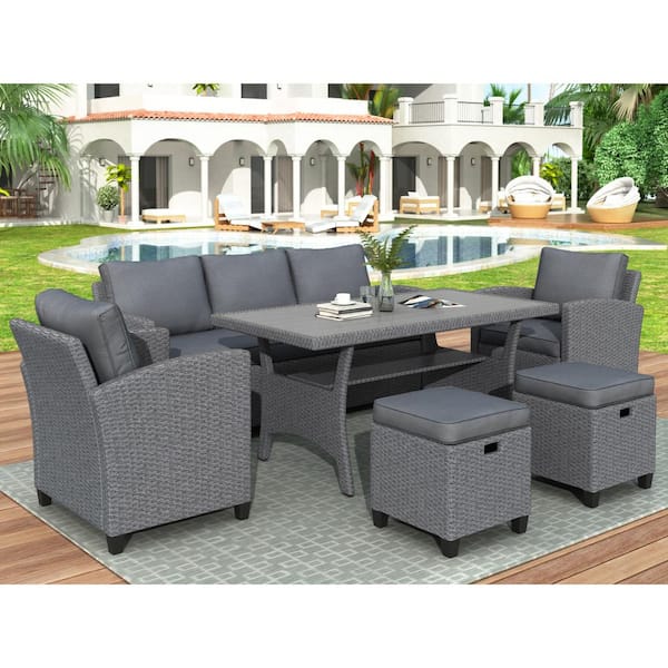 GOSHADOW 6-Piece Wicker Patio Conversation Sectional Seating Set with Gray Cushion, Backyard Sofa, Chair, Stools, Table