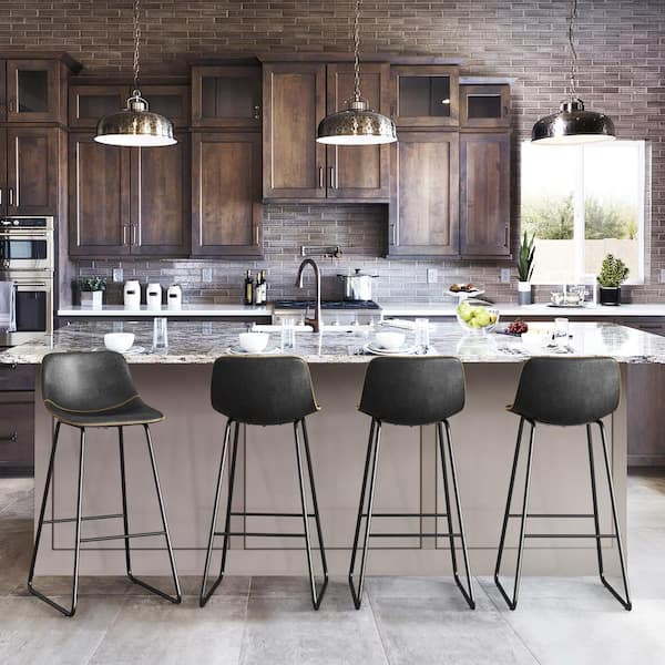 LUE BONA Alexander 30 in. Black Faux Leather Bar Stool Low Back Metal Frame Counter Height Bar Stool (Set of 6)