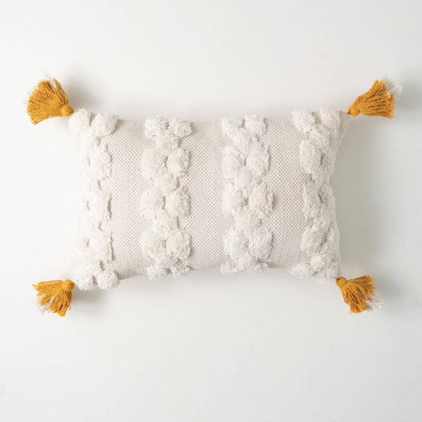 SULLIVANS 21.5 in. x 13.75 in. Ivory Tufted Tasseled Throw PIllow, Cotton