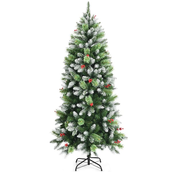 Costway 6ft Unlit Snowy Hinged Artificial Christmas Pencil Tree w/Red Berries
