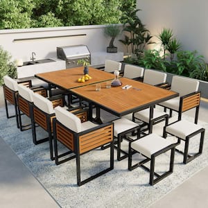 18-Piece Acacia Wood Patio Outdoor Dining Set with Beige Cushion, 8-Cushioned Chairs and 8-Ottomans and 2-Square Table