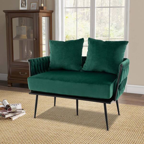 Costway Modern 43 in. Straight Arms Upholstered Dutch Velvet Rectangle Couch Loveseat Sofa with Woven Back in. Green