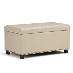 Amelia 34 in. Wide Transitional Rectangle Storage Ottoman Bench in Satin Cream Faux Leather