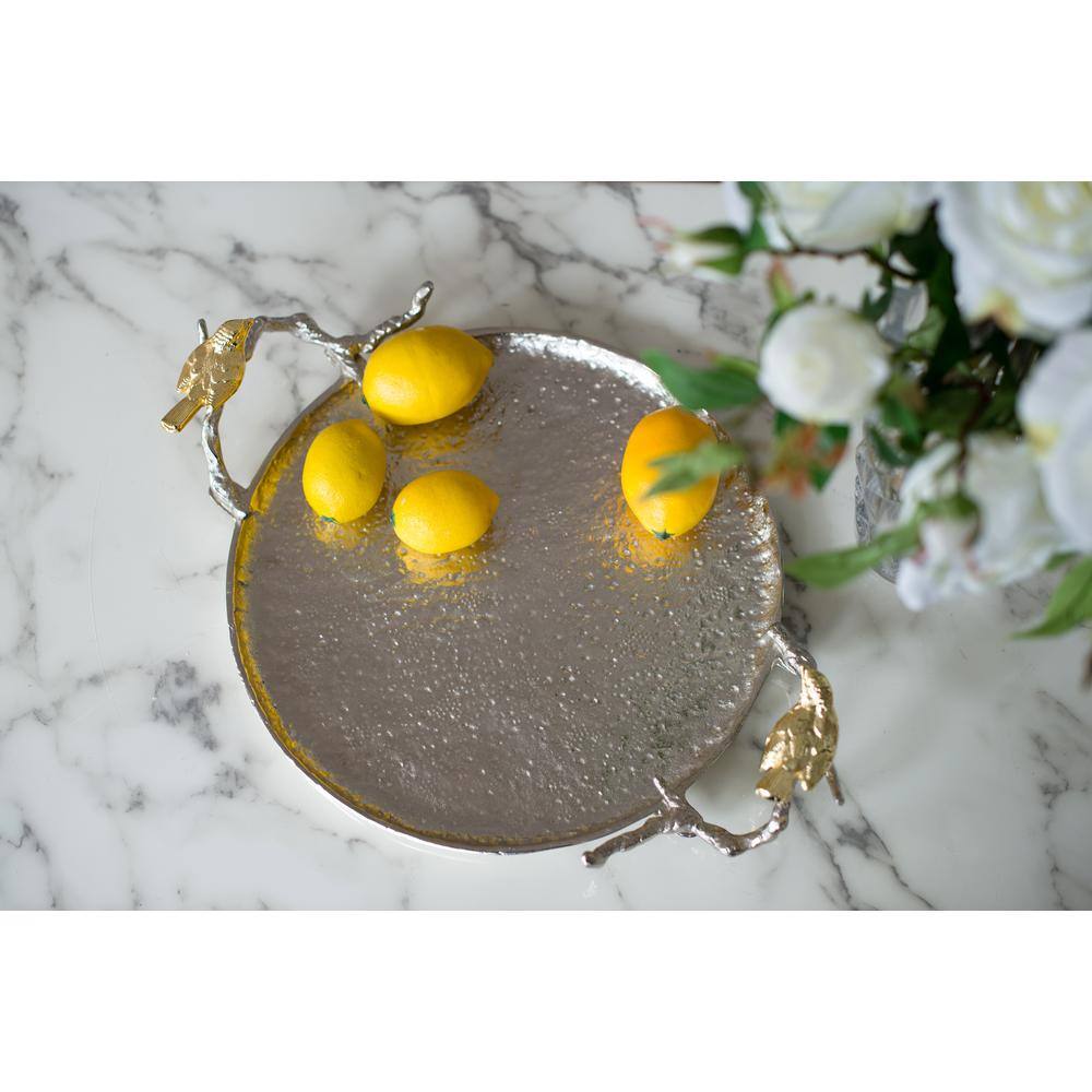 Round Silver Aluminum Serving Tray with Gold Bird Handles