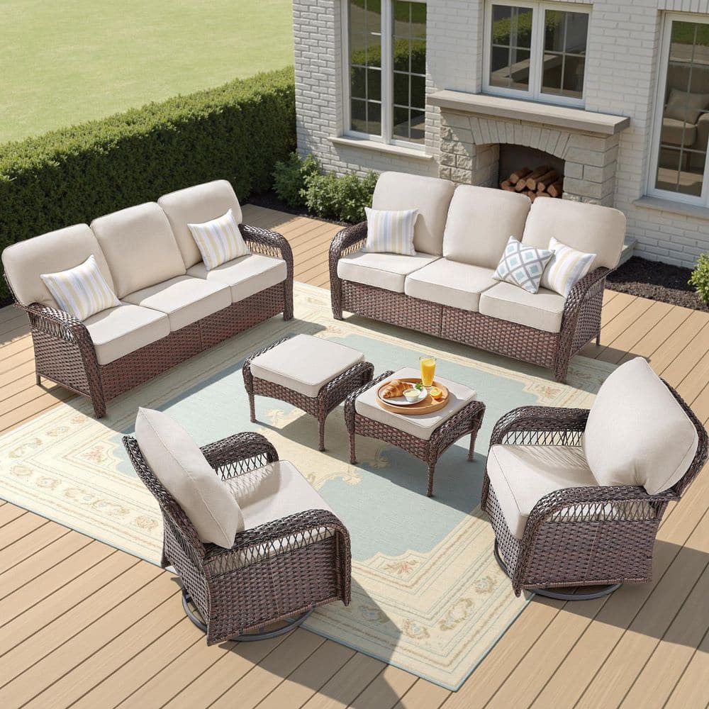 Brown 6-Piece Wicker Patio Conversation Set with Swivel Glider Chairs, Outdoor Sofa Seating Set with Beige Cushion price history on PriceWatchPro