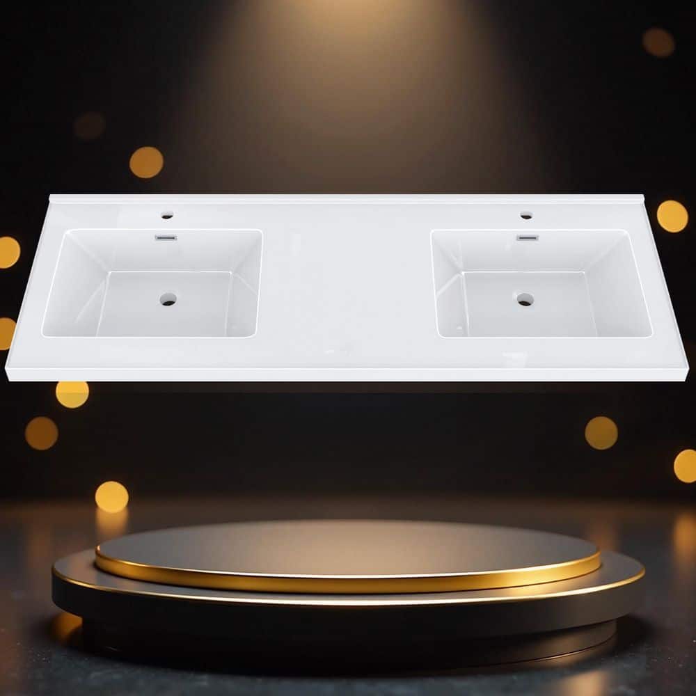 Tco 60 in. Wx 22 in. D Solid Surface Stone Rectangular Double Sink Vanity Top w/ Backsplash Deep Basin White Countertop price history on PriceWatchPro