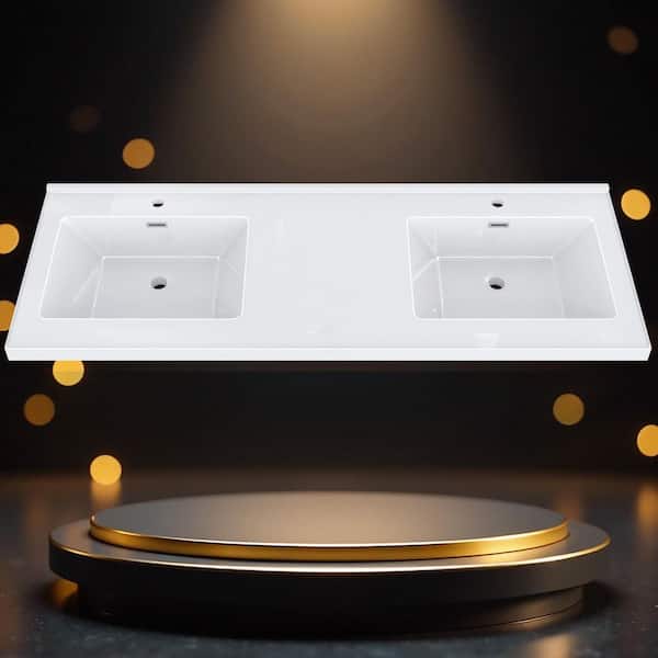 Tco 60 in. Wx 22 in. D Solid Surface Stone Rectangular Double Sink Vanity Top w/ Backsplash Deep Basin White Countertop
