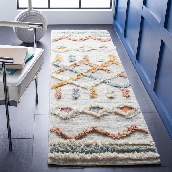 Kenya Ivory/Blue 2 ft. x 10 ft. High-Low Flokati Trellis Chevron Runner Rug