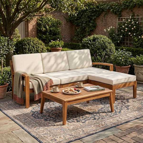 3-Piece Acacia Wood Outdoor Sectional Set with Beige Water-Resistant Cushions Durable Construction