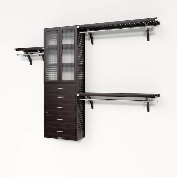72 in. W - 120 in. W Espresso Reach in with 5 Drawers and Glass Door 12 in. Shelf Wood Closet System