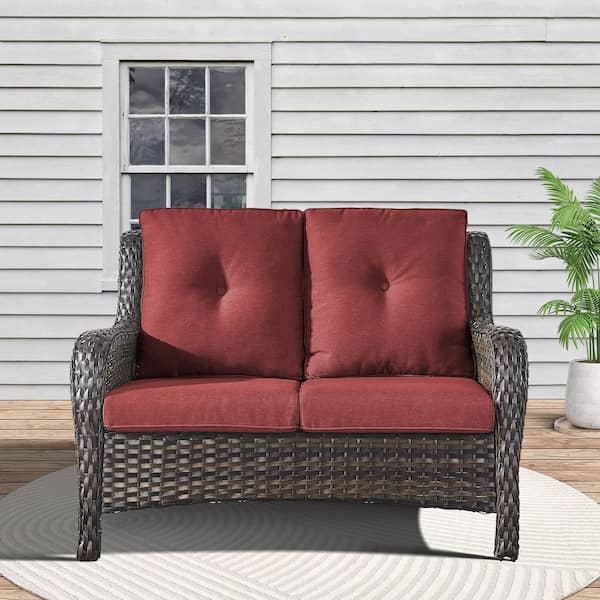 moosprr Brown PE Wicker Outdoor Loveseat with Red Cushions and Curved Armrests