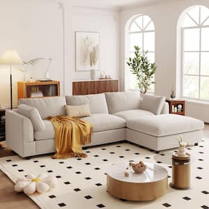 113 in. Sloped Arm Polyester Upholstery L Shaped Modern Sectional Sofa in Beige with Ottoman and Pillows