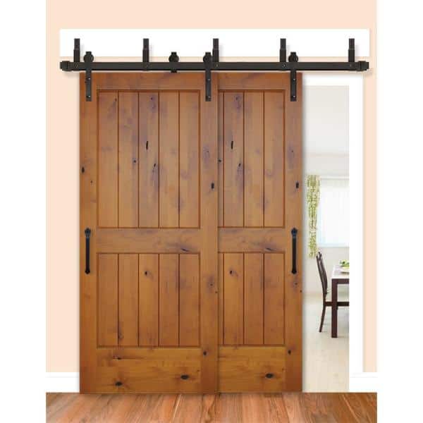 48in.x80in.Bypass Rustic Pref 2-PNL V-Groove Solid Core Knotty Alder Wood Sliding Barn Door with Bronze HardwareKit 48in.x80in.Bypass Rustic Pref 2-PNL V-Groove Solid Core Knotty Alder Wood Sliding Barn Door with Bronze HardwareKit