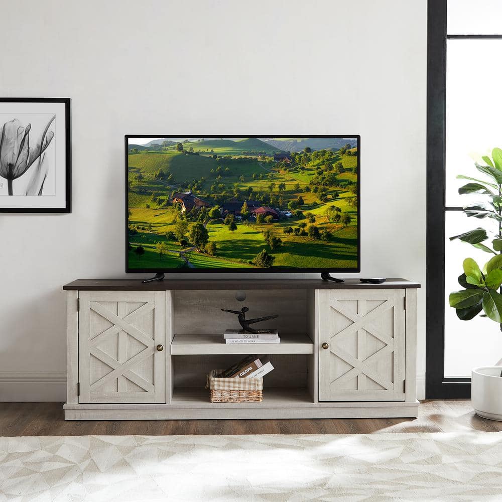 FESTIVO 64 in. Saw Cut-off White with Dark Drift Wood Desktop TV Stand for TVs up to 70 in -  FTS21335