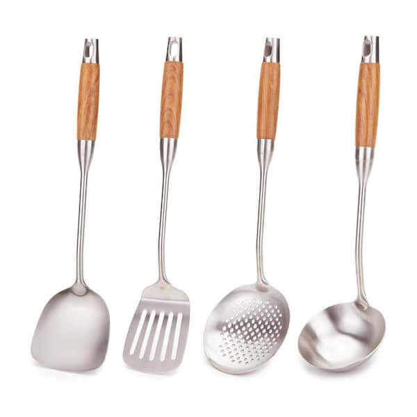 4-Piece Stainless Steel Wok Utensil Set with Wooden Handles, Dishwasher Safe, Skimmer, Soup Ladle, Slotted Turner