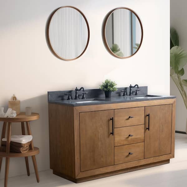 60 in. W x 22 in. D x 38 in. H Double Sink Bathroom Vanity in Tan with Black Limestone Top