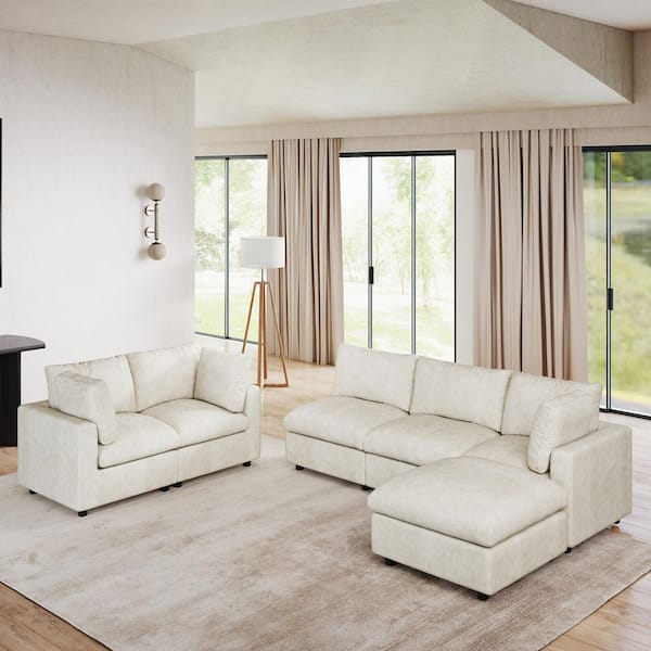 100 in. Square Arm 6-Piece Chenille L-Shaped Modualr Sectional Sofa with Detachable Covers, Ottoman in Beige for Office