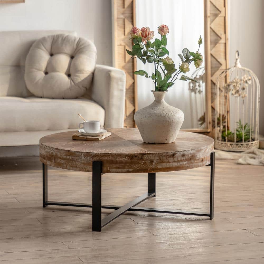 31.29 in. Natural Round Wood Coffee Table with Black Cross Legs Base BL ...