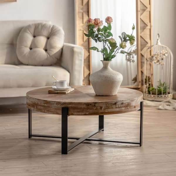 Unbranded 31.29 in. Natural Round Wood Coffee Table with Black Cross Legs Base