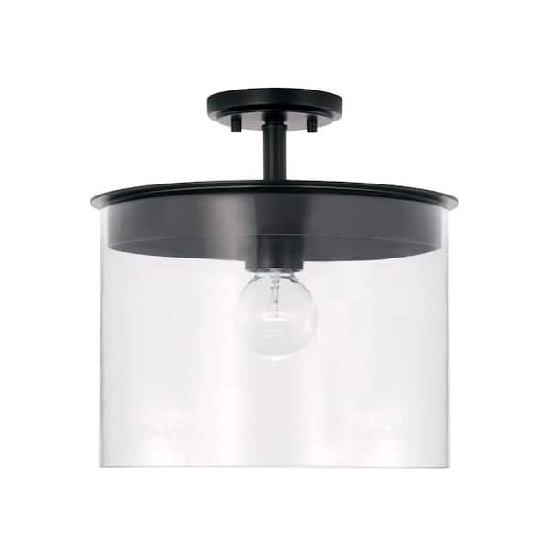 HOMEPLACE LIGHTING Mason 13 in. W x 14.5 in. H 1-Light Semi-Flush or Pendant in Matte Black with Clear Glass