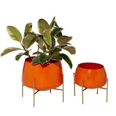 10 in. and 8 in. Small Orange Metal Indoor Outdoor Planter with Removable Stand (2- Pack)