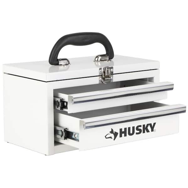 10 in. Gloss White Metal Mini Portable Tool Box with 2 Drawers