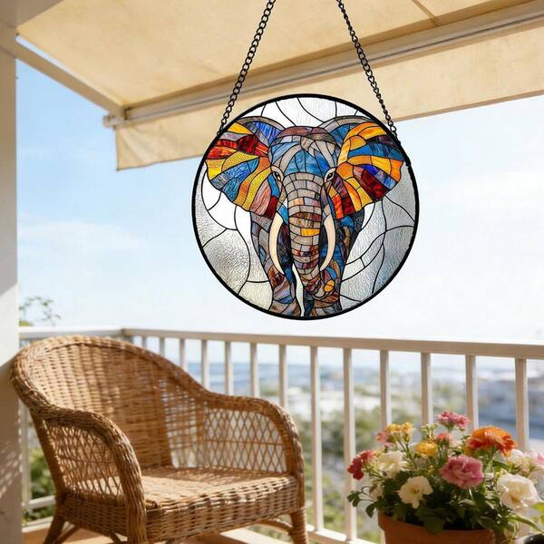 Silver Colorful Elephant Stained Glass Window Hanging YYD6-258