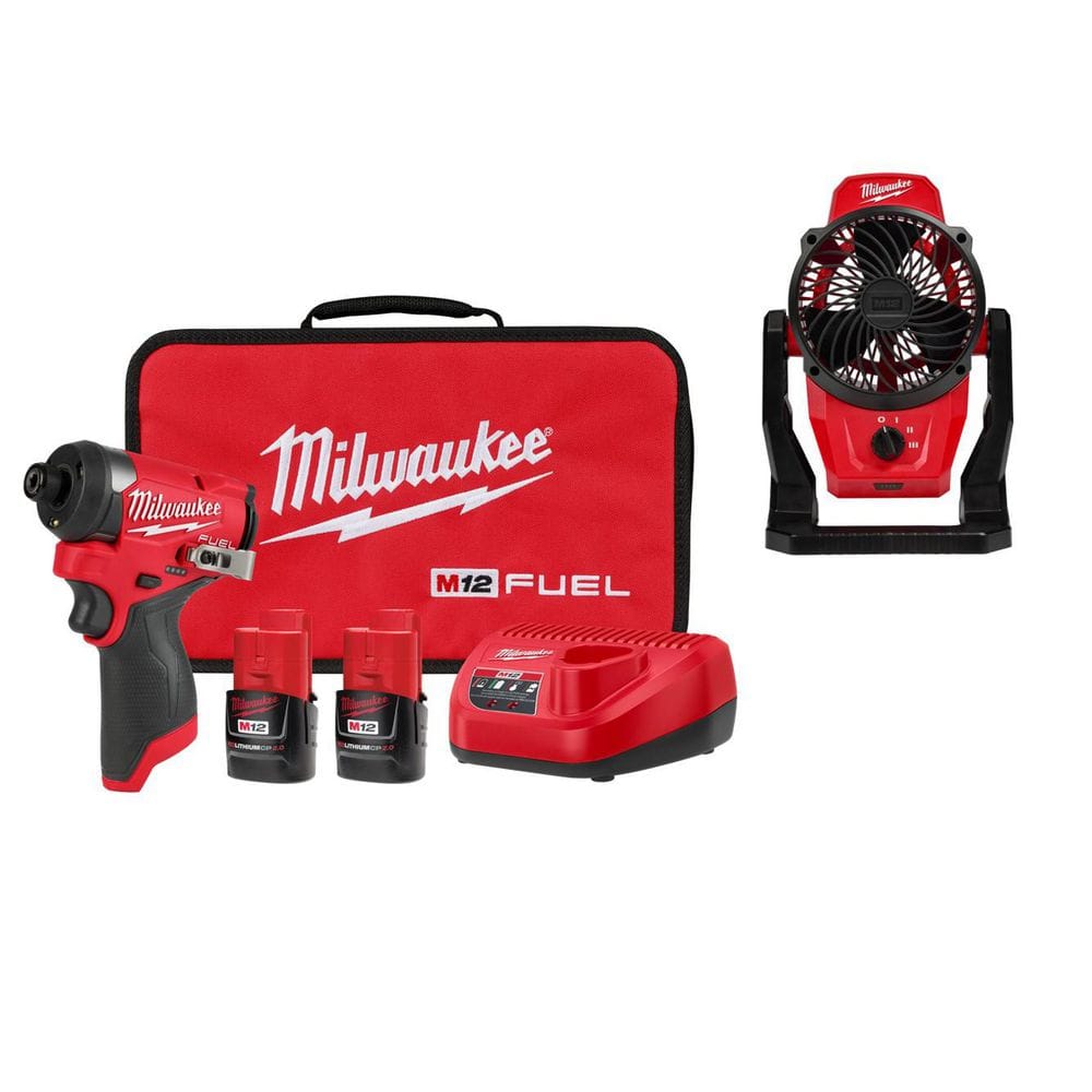 M12 FUEL 12V Lithium-Ion Brushless Cordless 1/4 in. Hex Impact Driver Kit w/Two 2. 0Ah Batteries, Charger, Case, and Fan