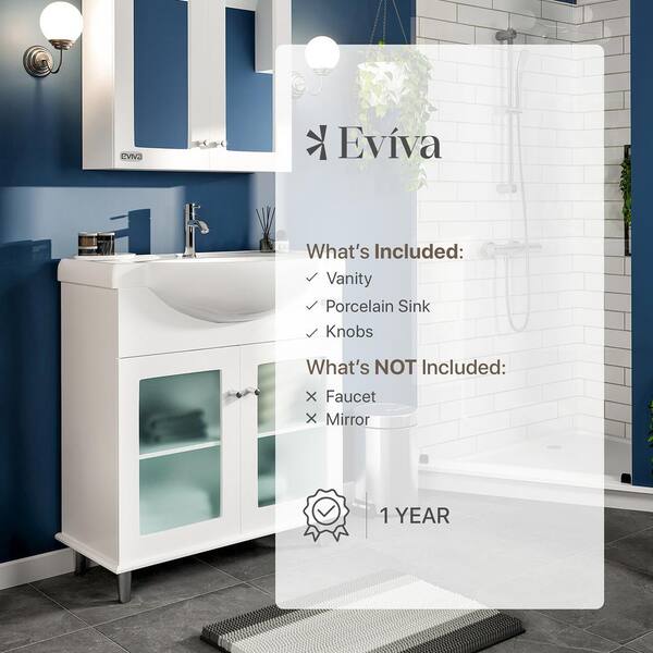 Eviva Tux 36 in. W x 14.7 in. D x 33 in. H Single Bath Vanity in White with White Porcelain Top with White Sink