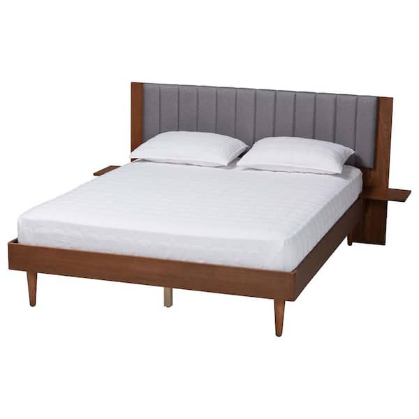 Baxton Studio Kalista Gray and Brown Wood Frame Queen Platform Bed with Built-In Shelves