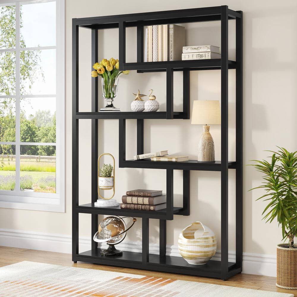 BYBLIGHT Turrella 69 in. Tall Black Wood 6-Shelf Bookcase with Staggered Shelves BB-HL039GX - The Home Depot