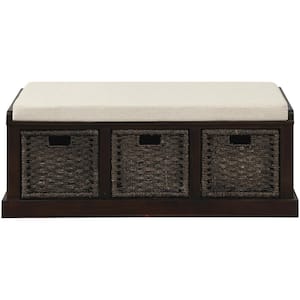 Lucia Espresso Rustic Storage Bench with 3 Removable Classic Rattan Baskets