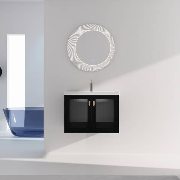 Unbranded 28 in. W x 18 in. D x 21 in. H Wall-Mounted Bathroom Vanity in Black with Soft-Close Door with White Ceramics Sink Top